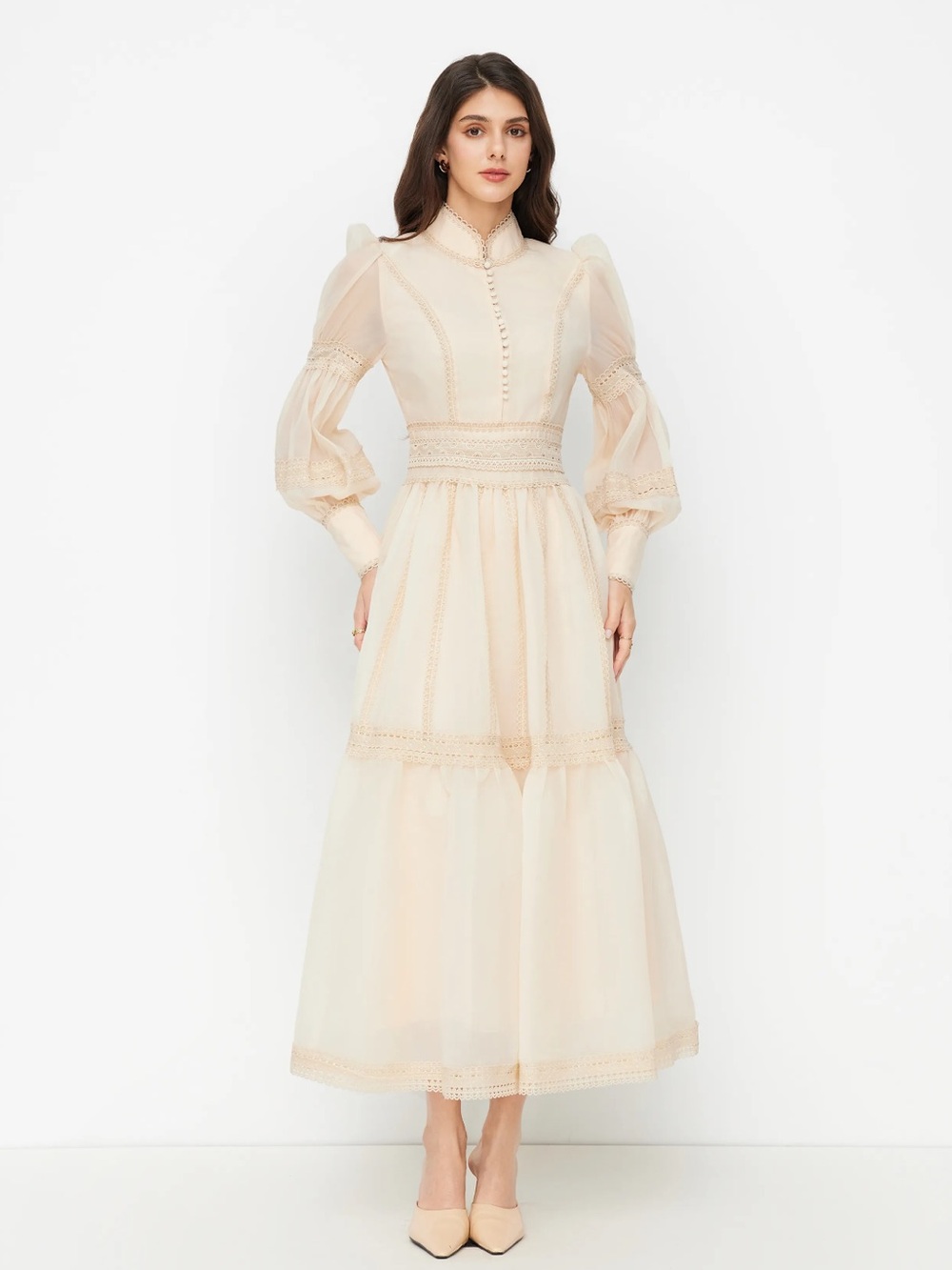 NWT CIDER CHIFFON HIGH NECK CONTRASTING LACE CINCHED WAIST A-LINE MAXI DRESS - Picture 3 of 16